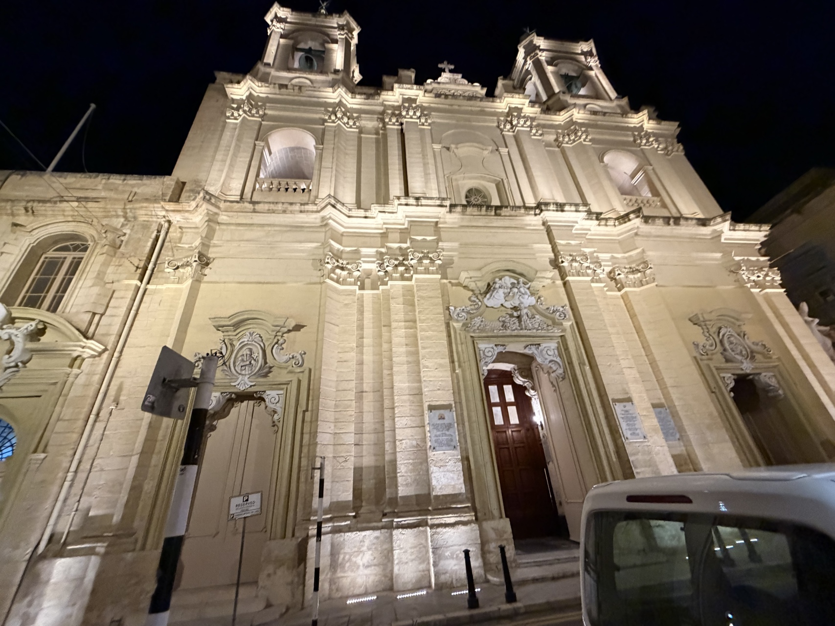 Illuminated church facade at night