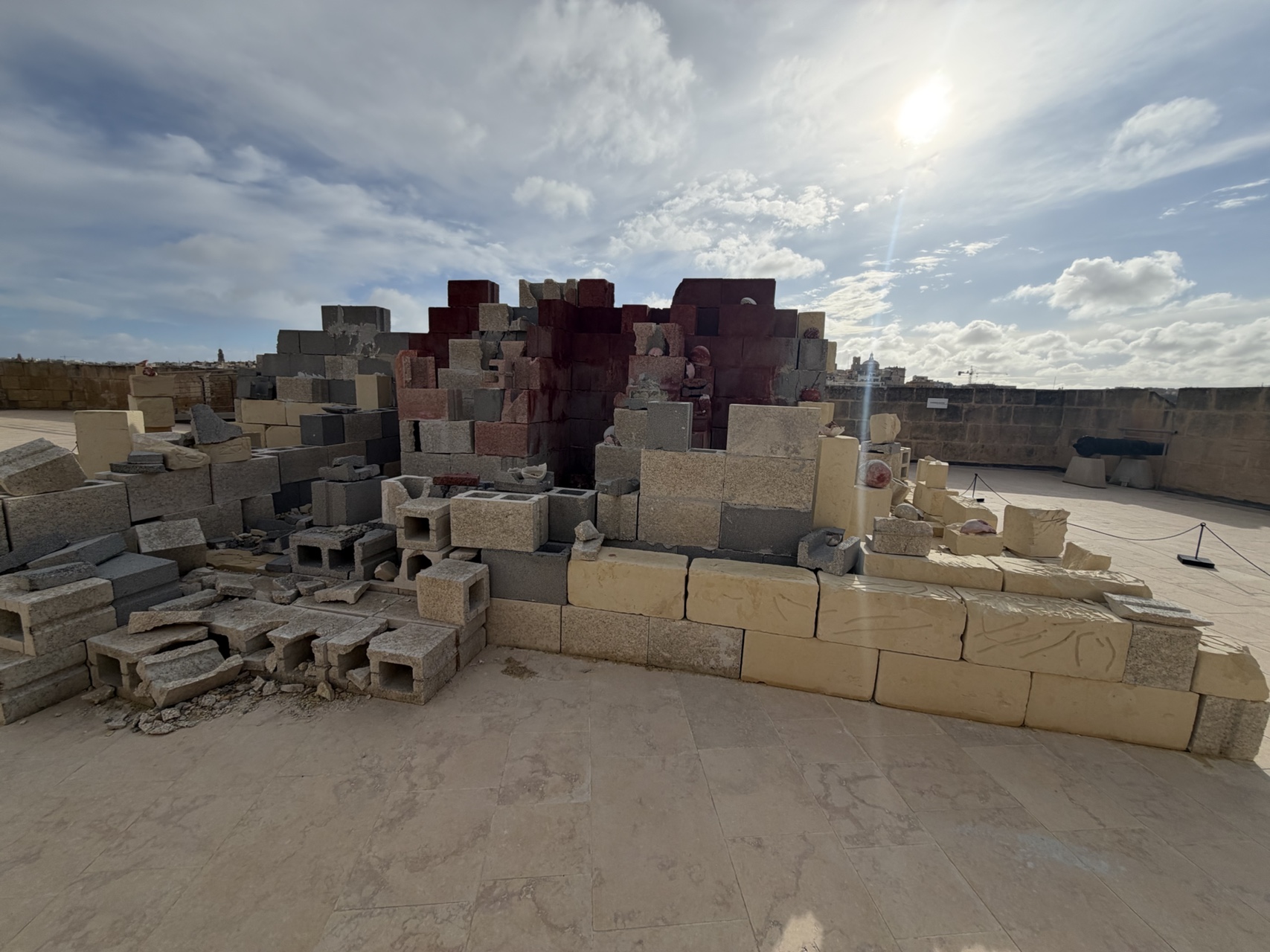 A block sculpture installation on the fort ramparts