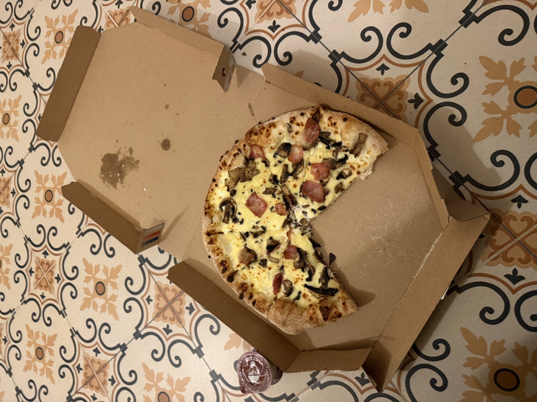 Pizza in the box on the floor